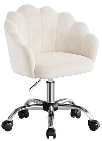 WOLTU Homeoffice stol, toalettbordsstol med blombladsryggstöd, snurrstol med hjul, skrivbordsstol höjdjusterbar, för arbetsrum, sovrum, sammet, beige