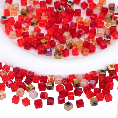 BEEFLYING 200 Pieces 6mm Cube Crystal Glass Beads for Jewelry Making Square Glass Spacer Beads for Bracelet Necklace Earring Craft Diy Home Decor（Red