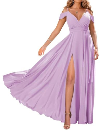KURFACE WSX495 - Vestido largo de dama de honor con cuello en V, de gasa, para boda, para mujer, Lila, 42