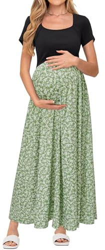 OUGES Sommerkleid Damen Lang Umstandskleid Maxikleid Elegant Kurzarm Stillkleid Sommer Kleid mit Taschen, M