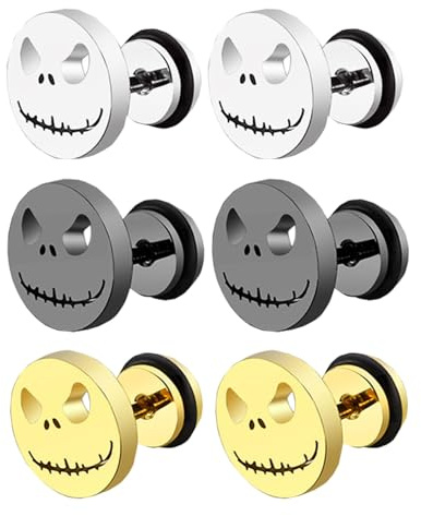 HinDaLi Edelstahl Ohrringe Fake Plugs Totenkopf für Herren Damen | 3 Paar, Silber Gold Schwarz, Klein Ohrstecker