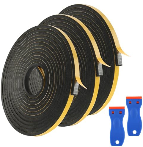 15M Weather Stripping Foam Tape, 6mm(W) x3mm(T) Adhesive Insulation Seal Tapes with 2 Scrapers Window Door Draft Excluder Strip for Stoves Gas Draught Against Cold Waterproof Heat Insulating