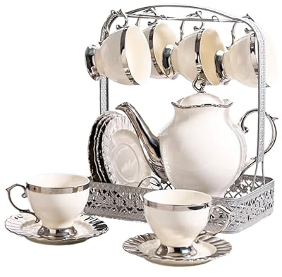 lesulety Teiere Tazze di tè Set di 6 Tazze di tè e piattini Tazza e sottovaso Set di pentole da tè Set di tè in Ceramica Set di tè con teiera squisita,Argento