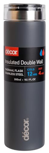 Décor Double Wall Stainless Steel Travel Mug - Keeps 4 Hours Hot - 12 Hours Cold - Car Cup Holder Compatible - Removable Screw Top Lid - 300ml Graphite.