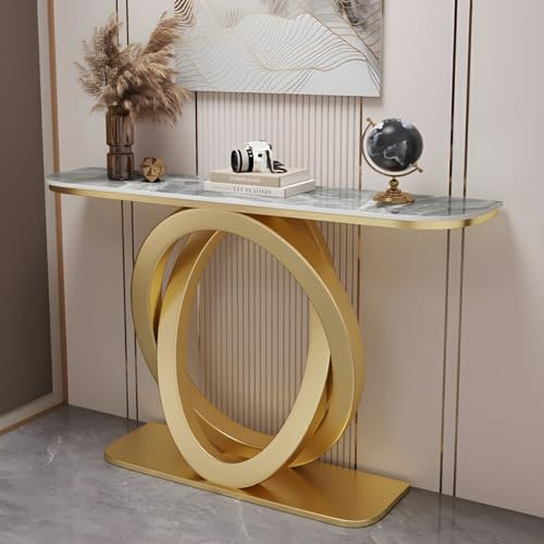 (de:31,5 L moderner Konsolentisch, Steinkonsole, Sofatisch, Wohnzimmer-Verandatisch mit Metallfuß, ultraschmaler Eingangstisch, Goldgrau)