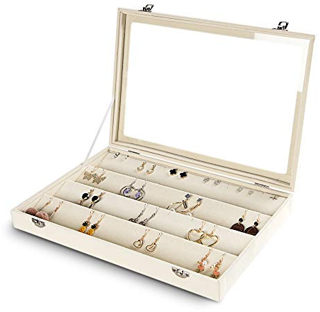 Frebeauty Earring Organiser Tray with Clear Lid 64 Slots Velvet Drawer Insert Earring Storage box with Transparent Glass lid Jewellery Display Case Store Showcase Gifts for Women(Beige, Earrings)