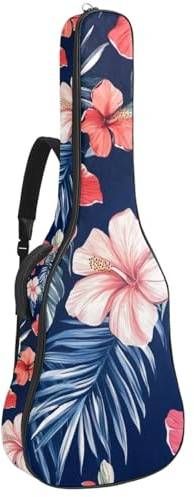 KengjuTesu 43 Zoll Akustikgitarre Softcase mit Rucksackgurt und 2 Taschen Hibiskus Blumen Palmblätter Keine Polsterung Rucksack Wasserdicht Oxford Tuch Bassgitarre Gigbag für Konzertgitarre,