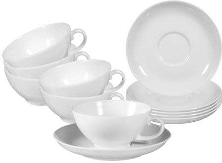 Seltmann Weiden Rondo/Liane Teetassen mit Untertassen 6er Set, 140 ml, Klassisches Tee-Set für 6 Personen, Spülmaschinen- und Mikrowellenfest, Teegeschirr aus Porzellan, Weiß