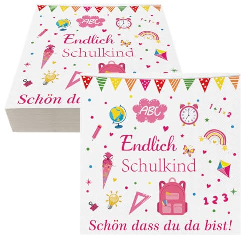 40 Stück Servietten Einschulung Mädchen 3-Lagig Einschulung Deko Servietten Schulanfang Tischdeko für Schulkind Party Papierservietten 33 x 33 cm