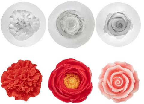 xolear 3 Stück Silikonform Blumen, Rosen Nelke Pfingstrose Silikonformen, 3D Gießformen Blume, Wiederverwendbare Gießformen für Schokolade, Süßigkeit, Kuchen Dekoration, DIY Herstellung