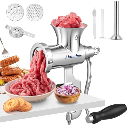 Hanchen Stainless Steel Meat Grinder Manual Mincer Machine No.5 Manual Meat Mincer for Home Use, Hand Mincer with Sausage Stuffer, Biscuit Moudle, 8mm&4.5mm Cutting Plate