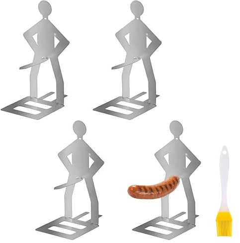 Accessoires de barbecue pour hommes, 4 supports à saucisses en acier inoxydable avec pinceau à huile en silicone, gadgets de barbecue pour le camping et les fêtes dans le jardin, cadeau créatif pour