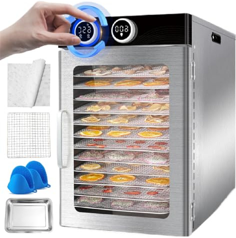 agreilduite Kommerzieller Dörrautomat, 1200 W Schnelltrockner für Trockenfleisch, Temperaturregelung von 30–90 °C, mit 12 Tabletts, 12 Antihaftfolien, 2 Auffangschalen