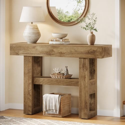 Tribesigns - Mesa de consola de granja de 104 cm, mesa de sofá estrecha de 2 niveles detrás del sofá, mueble de entrada con estantes de almacenamiento para pasillo, chimenea, salón, marrón claro