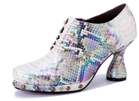 Läderpumpar, kvinnor färgglada vintage blockklack pumps Oxfordskor snörning Mary Jane-skor mitten kattunge häl halkskydd bröllop fest skor sommar vinter ankelstövel, SILVER, 42 EU