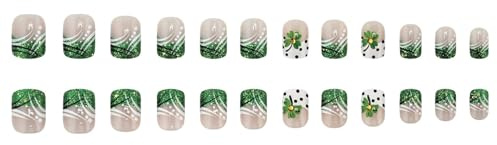 Faux ongles carrés courts à presser avec pointe française - Trèfle vert - Paillettes - Couverture complète - Acrylique - À coller - Pour femme