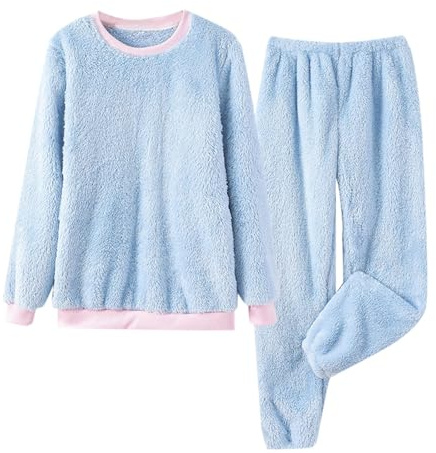 Pigiama da donna, lungo, caldo, in pile polare, set da pigiama invernale, a maniche lunghe, 2 pezzi, maglione e pantaloni da pigiama, morbido e confortevole