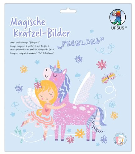Ursus 2456 00 01F Magic Scratch Pictures Fairy Land, 4 Designs, 21 x 21 cm, with Bamboo Pen and Craft Instructions, DIY Set for Scratching, Creative Craft Set