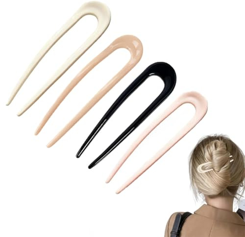 WUSJCOF 4 pièces French Hair Pin Métal, Pince Chignon, Pince à Chignon, Épingle à Cheveux, Baguette Cheveux, Broche Cheveux pour Femmes Tous Types de Cheveux (7 cm) (Noir, rose clair, beige, kaki)