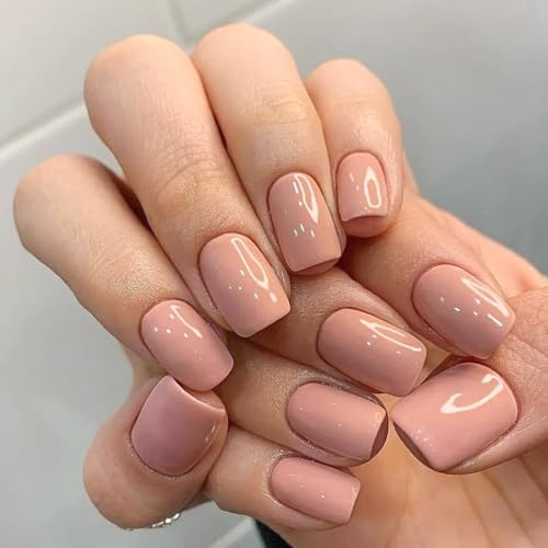Viugex 24 Piezas Nude Uñas Postizas Francesas, Elegante Uñas Falsas con Pegamento Gelatina, Naturales Reutilizables Acrílicas Cobertura Completa Kit de Uñas Artificiales para Mujeres y Niñas