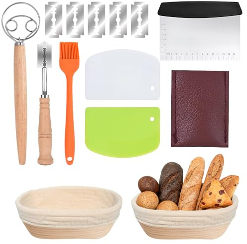NAVESO 2 Pcs Bread Proofing Basket,10Inch Oval Banneton Proofing Basket with Bread Lame, Dough Whisk,Scrapers,Brush,Blade Cover,5 Blades, Sourdough Bread Making Kit, Linen Cloth Liner,Banneton Baskets