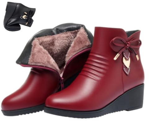 WINDEHAO Stivaletti da donna con plateau e cerniera laterale, ortopedici in pelle, con zeppa sfocata, con strass scintillanti, foderati in pelliccia, stivali da neve, Rosso vinaccia, 44 EU