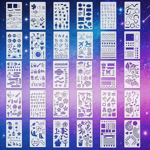 30 Bullet Journal Schablonen Set, 17,8 x 10,2 cm | Wiederverwendbare Kunststoff-Schablonen für Bullet Journal, Scrapbook, Tagebuch, Planer