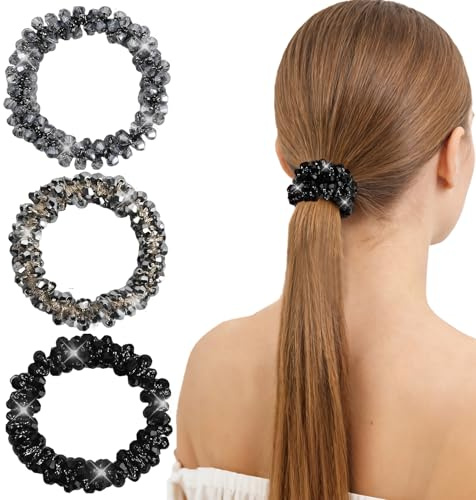 3 Stück Funkelnde Haaraccessoires Für Damen, Elegante Haargummis Mit Strasssteinen, Elastische Scrunchies Für Pferdeschwänze, Silber Schwarz Grau Glitzer Haarband, Langlebige Perlen-Scrunchies