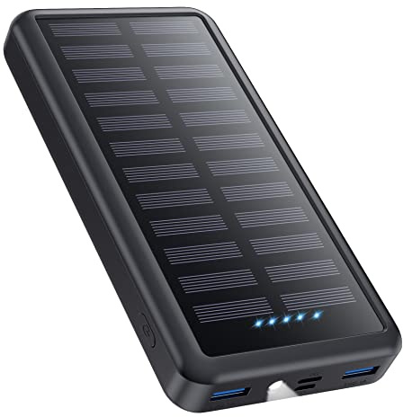 Power Bank Solare 26800mAh, Caricabatterie Portatile Ricarica Rapida PD 15W 3.0A, 3 Ingressi e 3 Uscite, Impermeabile con Torcia LED Integrata, Batteria Esterna Solare per iPhone Samsung Tablet
