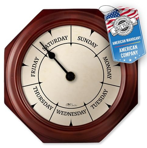 DayClocks Classic Day of The Week Wall Clock - 10 Solid Mahogany Wood Frame, Ideal Retirement Gift for Men and Women, Day Clock for Seniors and Retirees