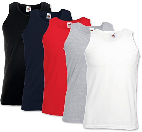 5 Pack of Fruit of the Loom Mens Athletic Vests Tank Top T Shirt Sizes and Colours (Large Mens 41-43 Inch Chest, White Black Navy Red + Grey)