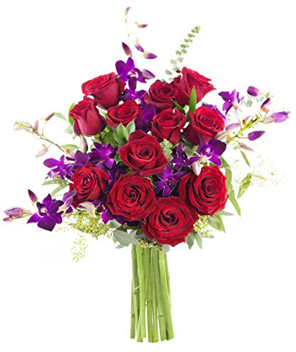 KaBloom Flowers - Ambrosia Roses and Orchids Bouquet 12 Red Roses, 5 Purple Orchids and Lush Greens - Gift for Birthday, Sympathy, Anniversary, Thank You, Valentine, Mother’s Day Fresh Flowers