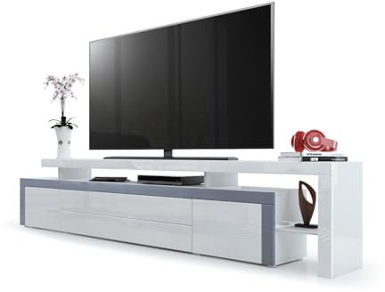 Vladon TV Board Lowboard Leon V3, Made in Germany, Korpus und Überbau in Weiß Hochglanz/Front in Weiß Hochglanz mit Rahmen in Grau Hochglanz (227 x 52 x 35 cm)