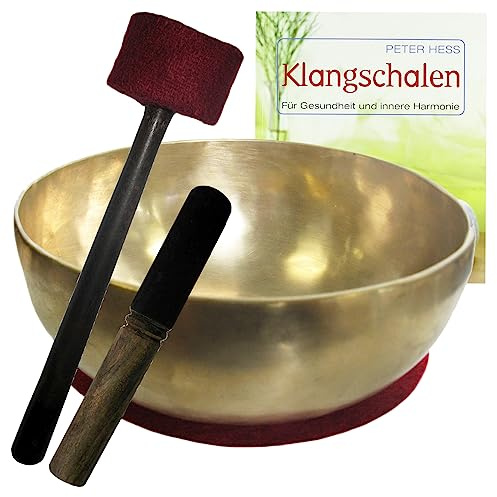 Klangschale XL30 THERAPIEKLANGSCHALE 4-teiliges Klangmassage-Set mit BUCH von Peter Hess. Therapie-Qualität ca.3000g ca. 27-29cm Handarbeit aus Nepal mit Kissen, Holz-Leder-Klöppel. 70081