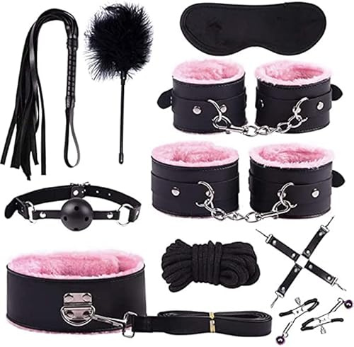 Xinyanmy 10 Sets Pu Leather Plush Bed Handcuffs Leather Harness Whip Eye Mask Necklace Ankle Cuffs Women Straps Special Bundled Binding Adult Toys SM Kit for Couples (Pink)