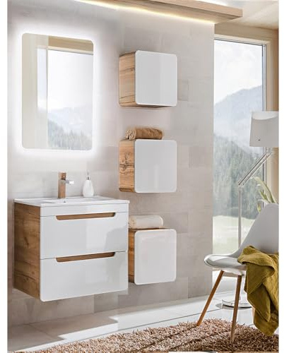 Badmöbelset Hochglanz weiß mit Wotan Eiche Nb. LUTON-56 mit 61 cm KeramikWaschtisch & LED-Spiegel, B/H/T ca. 110/200/46 cm