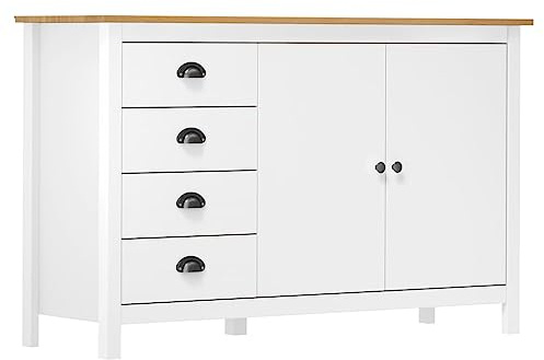 vidaXL Kiefernholz Massiv Sideboard mit 4 Schubladen 2 Türen Kommode Beistellschrank Anrichte Schrank Mehrzweckschrank Weiß 130×40×80cm