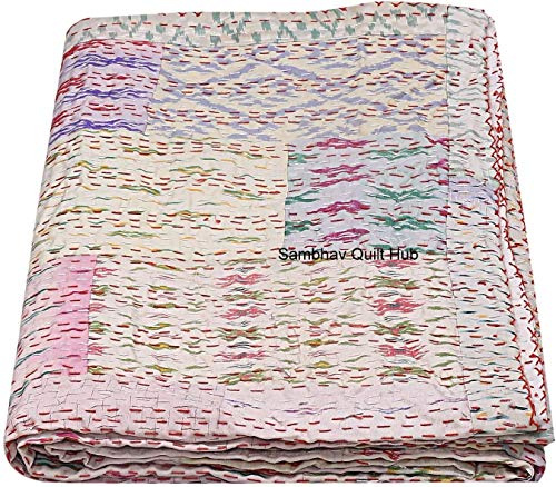 Weiße indische handgemachte Seide Sari Patola Queen Size Patchwork Seide Kantha Quilt 228 x 274 cm Bettbezug Seide Patola Quilt Überwurf Decke (mehrfarbiges Patchwork)