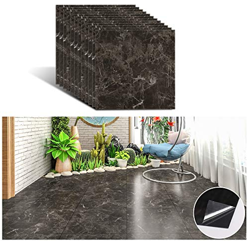 VEELIKE Black Marble Vinyl Flooring Self Adhesive Floor Tile Stickers Peel and Stick Wall Tiles Stick on Tiles Kitchen Waterproof Bathroom Floor Vinyl Tile Stickers Bedroom 12 Pieces 30cm x 30cm