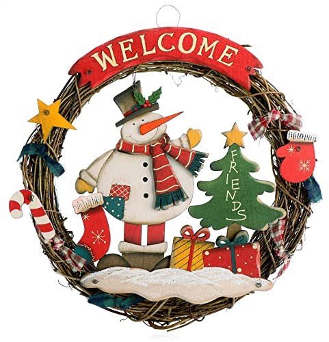 com-four® Ghirlanda di Natale Intrecciata - Ghirlanda per Porta WELCOME - Decorazione Natalizia da Appendere - Corona di Legno ca. Ø 31 cm (Pupazzo di neve - L)