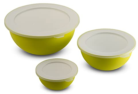 omada Design, Set mit 3 Salatschüsseln mit Deckel (0,5 l - 1,5 l - 3,5 l) innen weiß und außen bunt, Microban antibakteriell, Linie Sanaliving