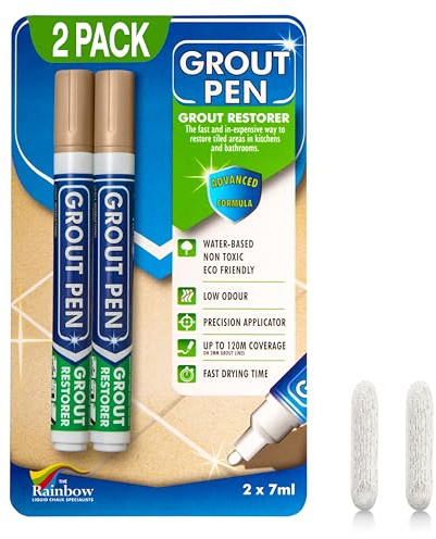 Grout Pen Beige Tile Paint Marker: Waterproof Grout Paint, Tile Grout Colorant and Sealer Pen - Narrow 5mm, 2 Pack with Extra Tips (7mL) - Beige