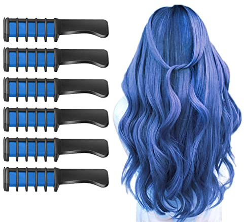 Haarkreidekamm, 6 Stück Temporär Haarfarbe Kreide Kamm für Kinder Mädchen Auswaschbar für Geschenk DIY Cosplay für Halloween Erntedankfest Weihnachten Neujahr Geburtstag Partys Hochzeit(Blau)