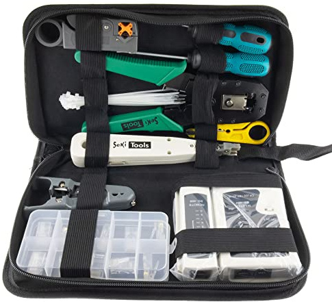 SeKi Juego de herramientas de red de 10 piezas, incluye comprobador de cables para cable de conexión RJ45, crimpadora para conector de red, herramienta de inserción LSA, herramienta de pelado,