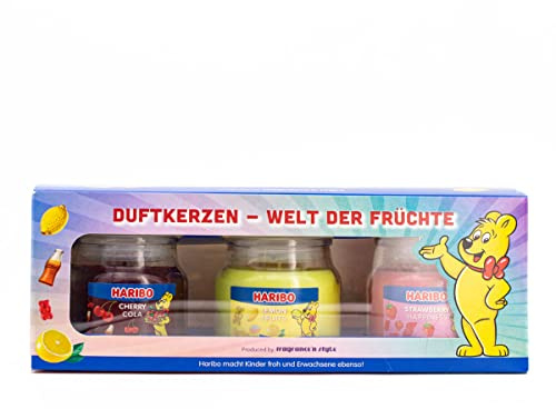 Haribo Duftkerzen Set 3-tlg., Cherry Cola + Strawberry Happiness + Lemon Fruits, im Glas, 3 x 85 g