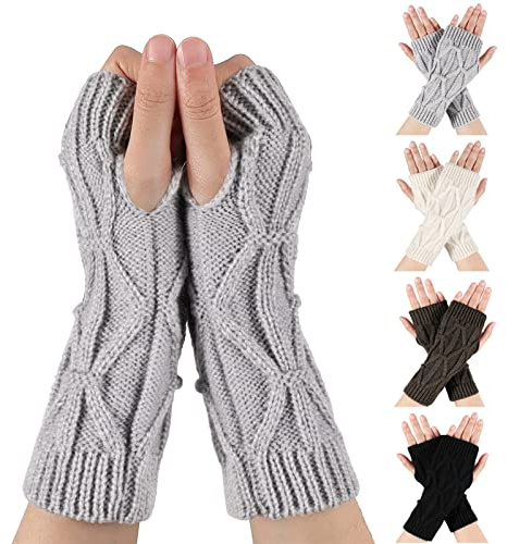 TAGVO Fingerless Gloves 4 Pairs, Wrist Warmers Thumb Hole Warm Half Fingerless Knitted Gloves, Winter Warm Mittens For Women Ladies Christmas Gifts