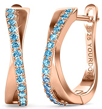 YOURDORA Pendientes Aro Retorcido de Plata de ley 925 para Mujer con Circonia Cúbica Joyas Regalos Originales (Oro Rosa - Azul claro)