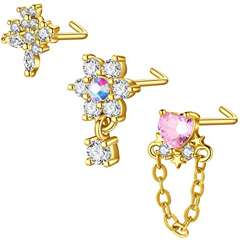 Mayhoop 20G 3Stk L Förmig Nasenring Nasenstecker Chirurgenstahl Nasen Stud Strass Goldene Nasenpiercing Schmuck für Frauen Männer