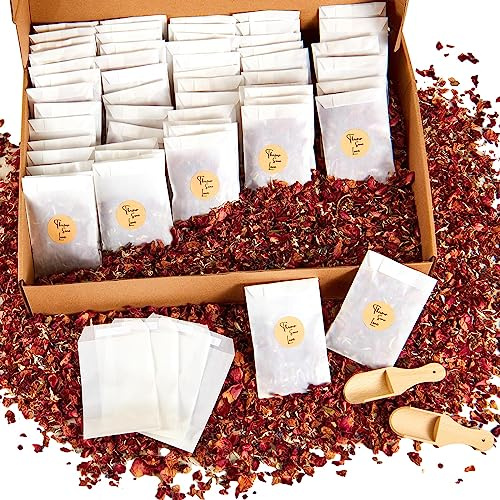 Tenare 100 Sets Wedding Confetti Bags Kit for 95-100 Guests, Includes Natural Dried Flower Rose Petals Glassine Confetti Bags Stickers Wooden Scoop and Display Box for Engagement Anniversary(Classic)