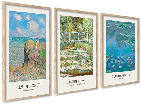 ag.art deco 3-pack Tavlor 21x30cm Oinramad Väggdekoration Modern Design | Claude Monet Set, Massivt Trämaterial, för Vardagsrum och Sovrum, Skyddsglas, Enkel Väggmontering, Slitstark Ram, Vardagsrum